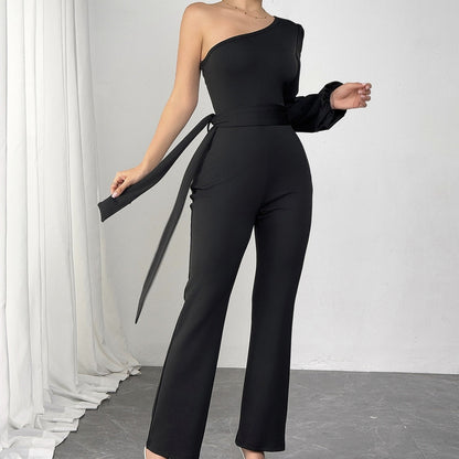 Ladies' Fashionable And Elegant Single Shoulder Design Slimming Jumpsuit Inkedjoy