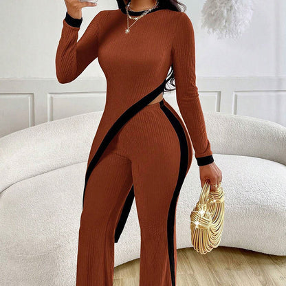 Women's 2 Piece Outfit Sexy Asymmetrical Hem Long Sleeve Top And Wide Leg Pants Sets Elegant Vacation Going Out Suit Inkedjoy