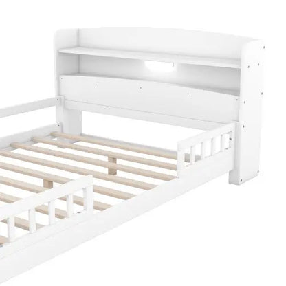 Wood Full Size Platform Bed With Built-in LED Light, Storage Headboard And Guardrail, White My Store