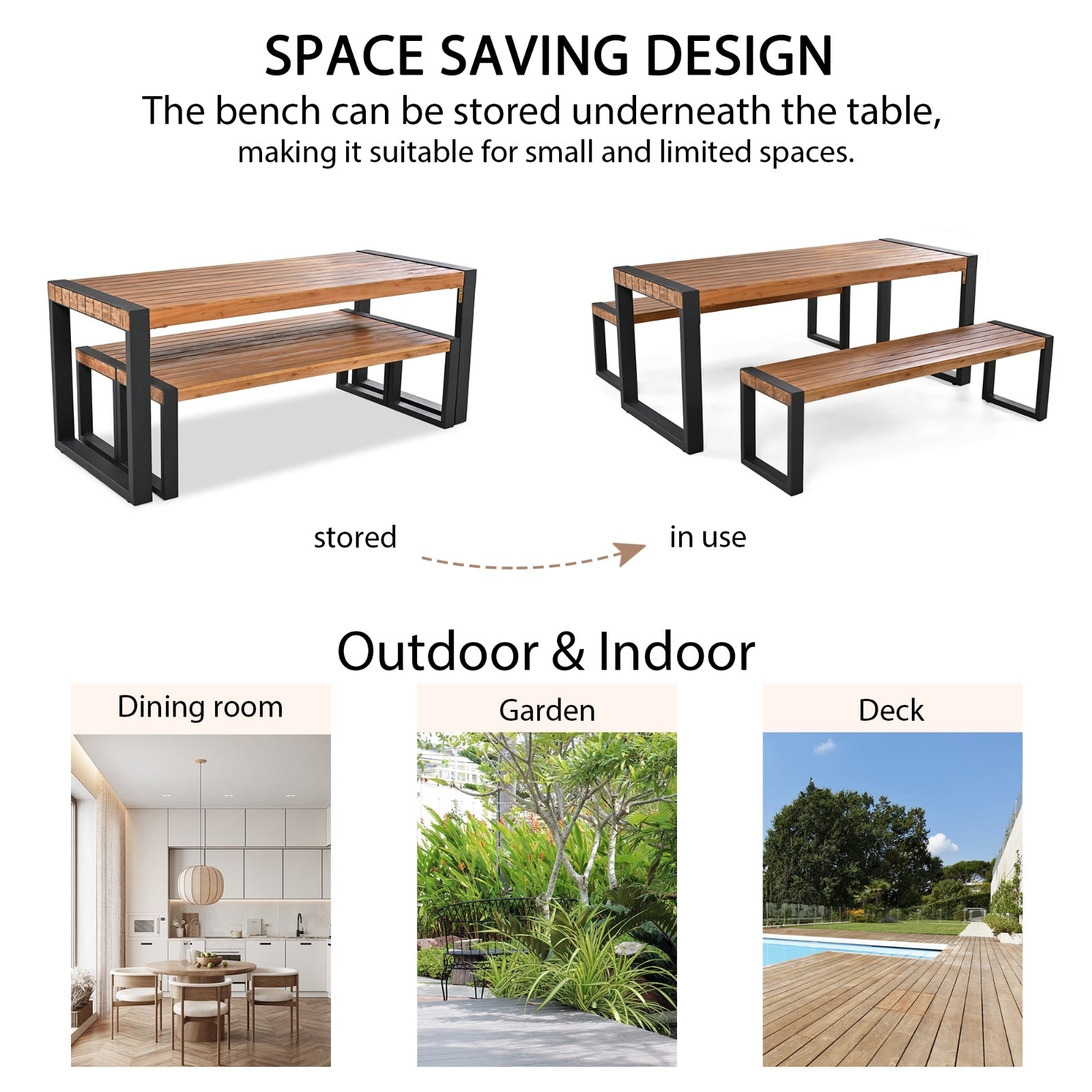 3-pieces Outdoor Dining Table With 2 Benches, Patio Dining Set With Unique Top Texture, Acacia Inkedjoy