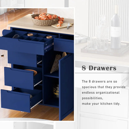 K&K Store Kitchen Cart With Rubber Wood Top, 8 Handle-Free Drawers My Store