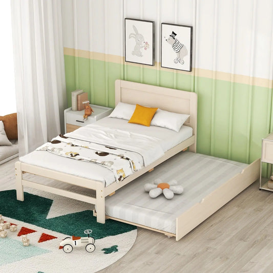 Modern Design Twin Size Platform Bed Frame With Trundle For White Washed Color My Store