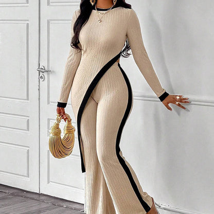 Women's 2 Piece Outfit Sexy Asymmetrical Hem Long Sleeve Top And Wide Leg Pants Sets Elegant Vacation Going Out Suit Inkedjoy