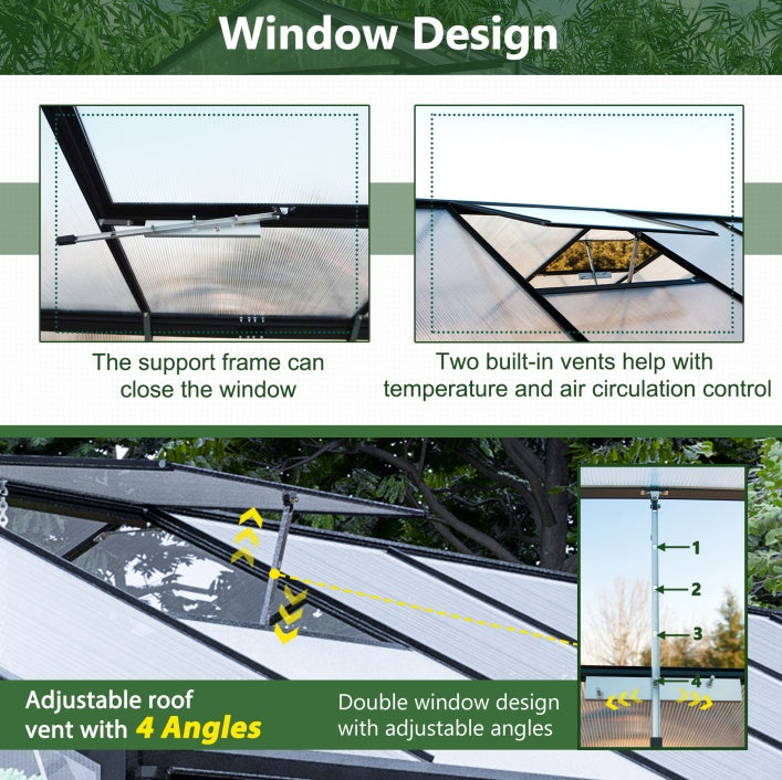 8' X 12' Heavy Duty Poly carbonate Greenhouse With Double Doors And Two Ventilation Windows Inkedjoy