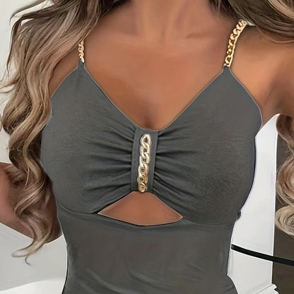 Women's Solid Color New Fashionable Metal Chain Hollow Chest Pleat Details Slit Design Sense Long Sexy Style Dress Inkedjoy