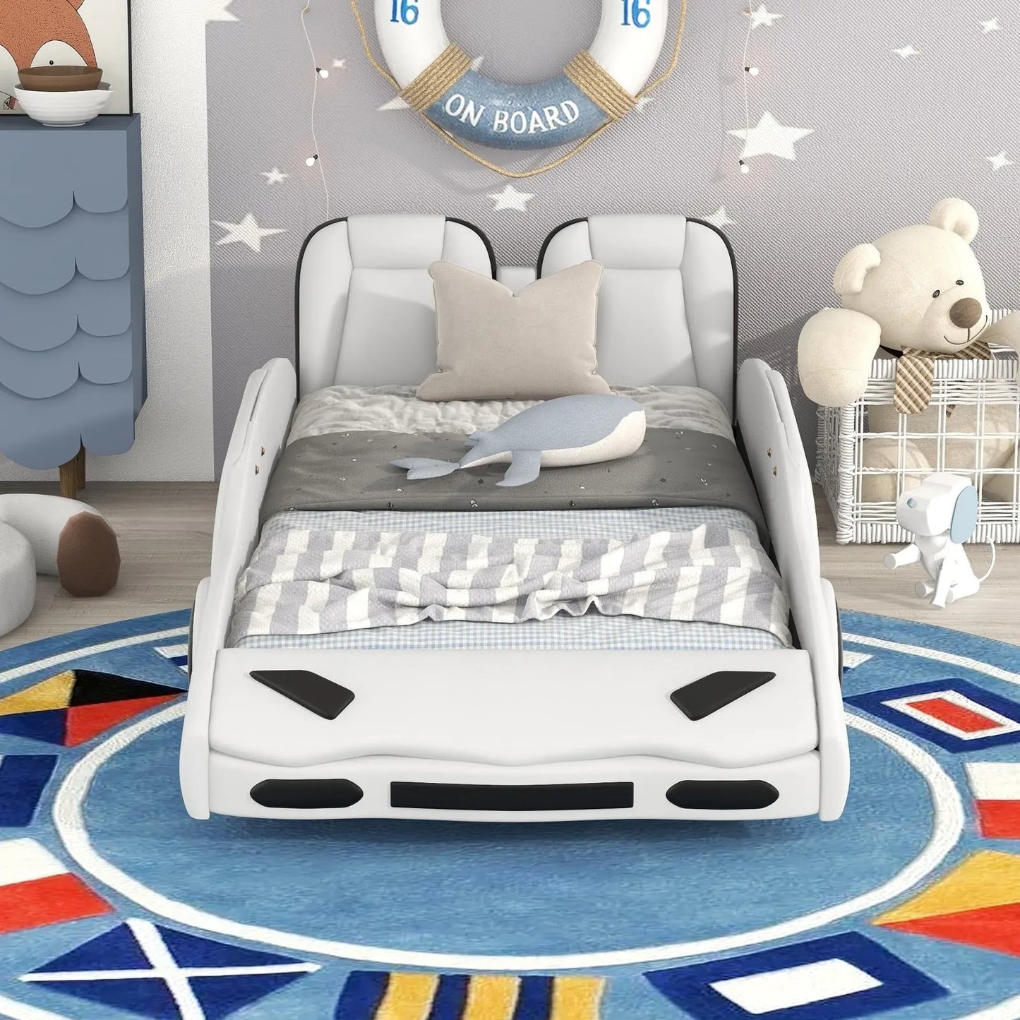 Twin Size Race Car-Shaped Platform Bed With Wheels, White My Store