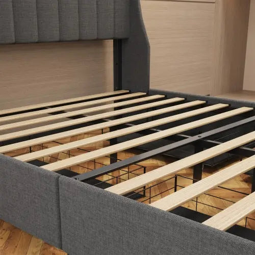 Full Size Bed Frame With LED, 4 Under-bed Portable Storage Drawers, Wings Headboard Design My Store