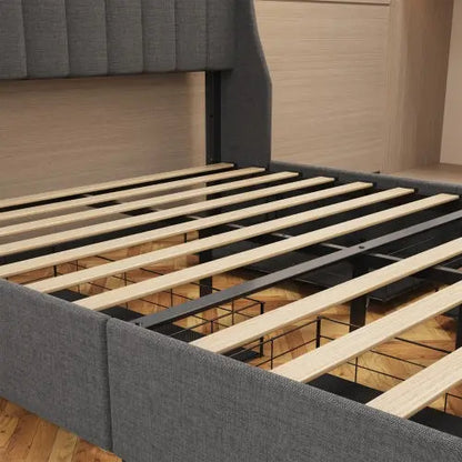 Full Size Bed Frame With LED, 4 Under-bed Portable Storage Drawers, Wings Headboard Design My Store