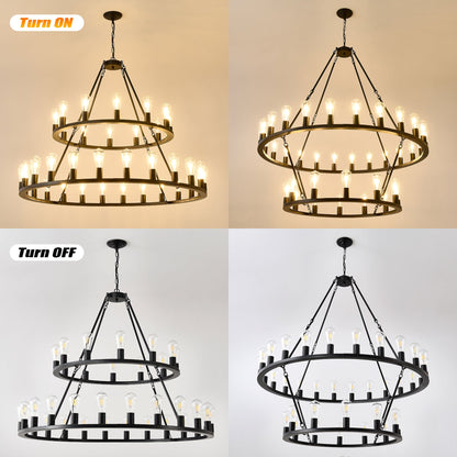 48 Inch Black Extra Large Wagon Wheel Chandelier, 2 Tier 36-Lights No Include Farmhouse Inkedjoy