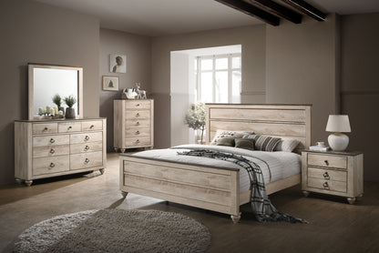 Imerland Contemporary White Wash Finish Bedroom Set, Queen Bed , Dresser, Mirror, Nightstand, Chest - Ohberri