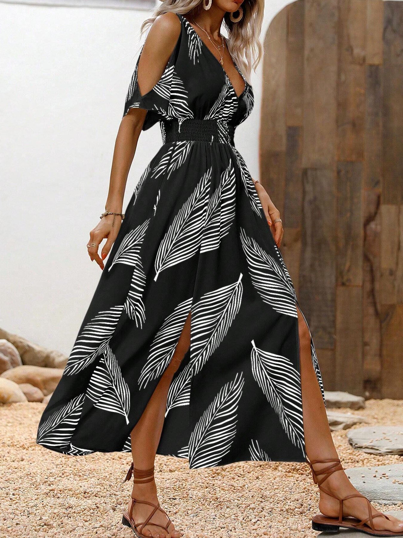 Women's Summer Sexy Cross V-neck Printed Off-the-Shoulder Dress Inkedjoy