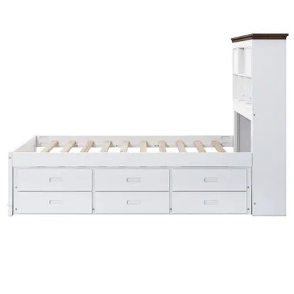 Solid Pine Captain Bookcase Bed With Trundle Bed And 3 Spacious Under Bed Drawers In Casual,Full, White Walnut My Store