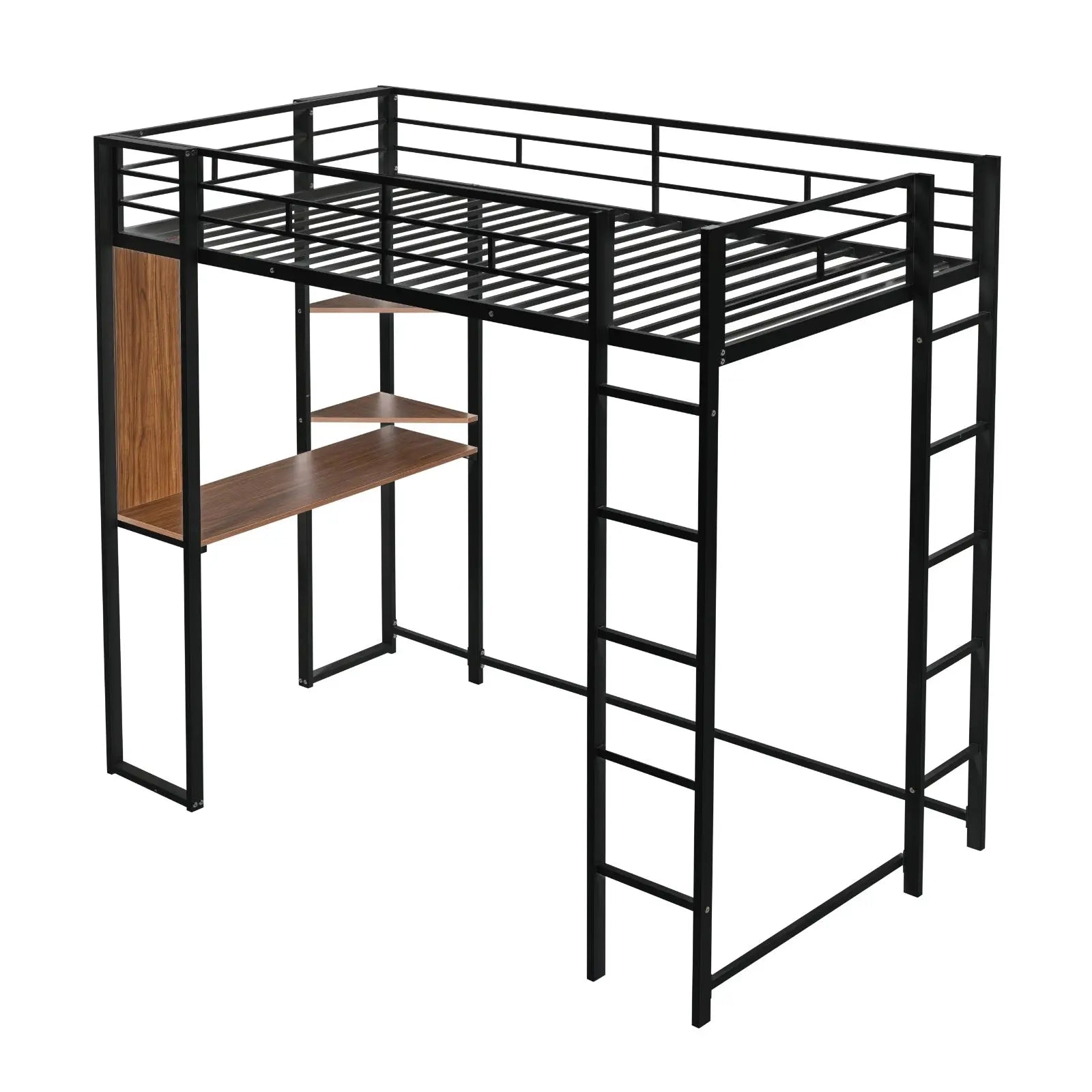 Twin Metal Loft Bed With 2 Shelves And One Desk ,BLACK My Store
