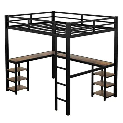 Twin XL Metal Loft Bed With Desk And Shelves, Loft Bed With Ladder And Guardrails-Black My Store
