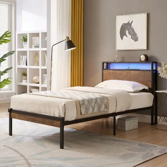 Twin Size Metal Platform Bed Frame With Wooden Headboard And Footboard With USB LINER My Store