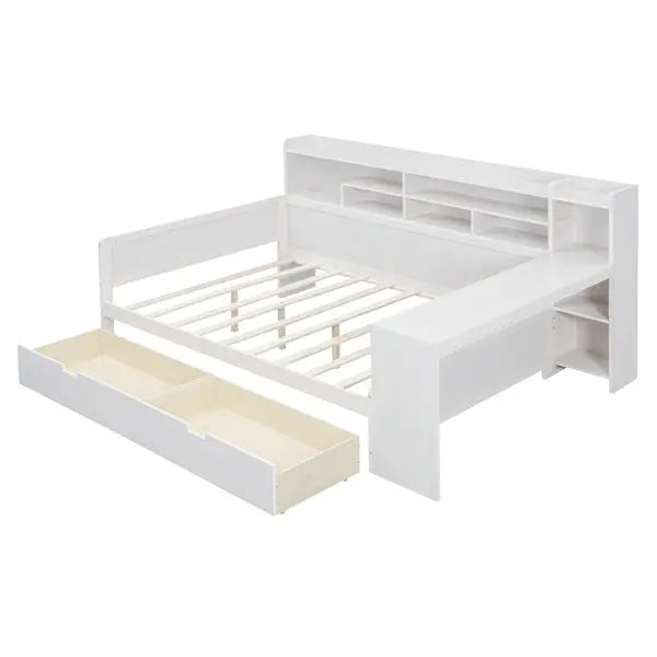 Wooden Full-size Sofa Bed With Storage Rack, Multifunctional Bed With Two Storage Drawers And Desk, Antique White My Store