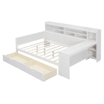 Wooden Full-size Sofa Bed With Storage Rack, Multifunctional Bed With Two Storage Drawers And Desk, Antique White My Store