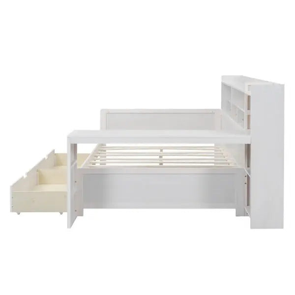 Wooden Full-size Sofa Bed With Storage Rack, Multifunctional Bed With Two Storage Drawers And Desk, Antique White My Store
