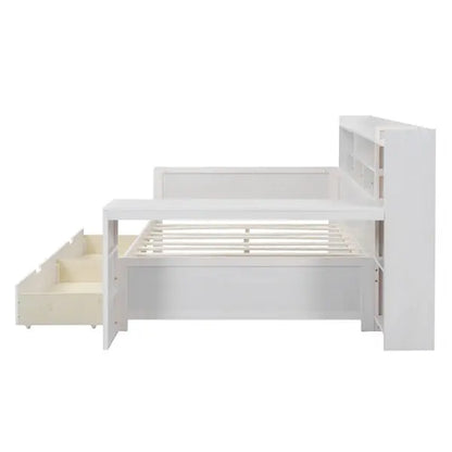 Wooden Full-size Sofa Bed With Storage Rack, Multifunctional Bed With Two Storage Drawers And Desk, Antique White My Store