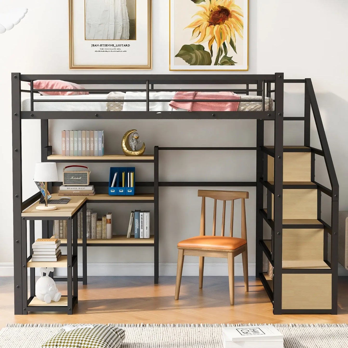 Full Size Metal Loft Bed With Staircase, Built-in Desk And Shelves, Black My Store