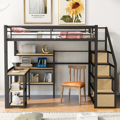 Full Size Metal Loft Bed With Staircase, Built-in Desk And Shelves, Black My Store