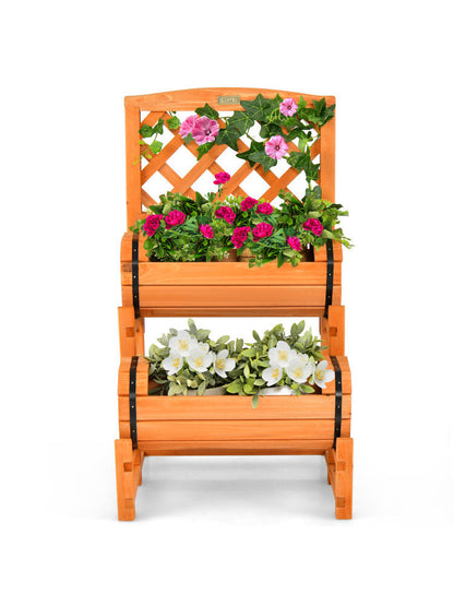 Wooden 2-Tier Raised Garden Bed With 2 Cylindrical Planter Boxes And Trellis Ohberri