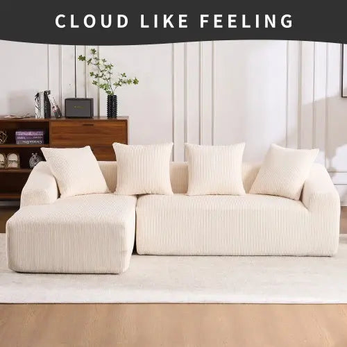 LY-023 WHITE COMPRESSION SOFA Combining Chaise Longue With 3-seater, Corduroy Fabric, Full Sponge Compression Sofa,combined Sofa With 4 Pillows For Living My Store