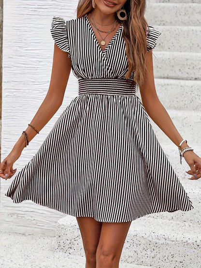 Women's Mini Dress V Neck Flutter Sleeve Striped Smocked Waist A Line Short Summer Dress Inkedjoy