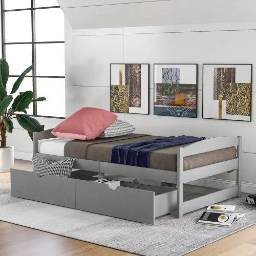 Twin Size Platform Bed, With Two Drawers, Gray My Store
