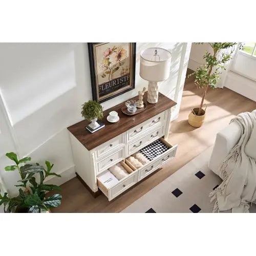 Farmhouse Style 6 Drawer Dresser Chest With Base Wooden Rustic Chest Of Drawers, Storage Dresser Organizer For Bedroom, Living Room, Beautiful Sturdy And Durable My Store