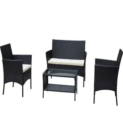 4 PC Rattan Patio Furniture Set Outdoor Patio Cushioned Seat Wicker Sofa Beige Cushion My Store