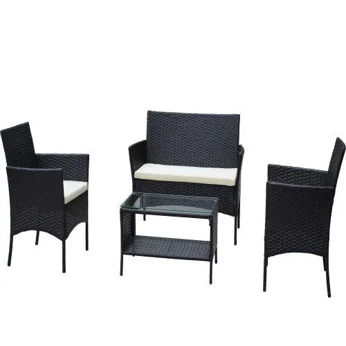 4 PC Rattan Patio Furniture Set Outdoor Patio Cushioned Seat Wicker Sofa Beige Cushion My Store