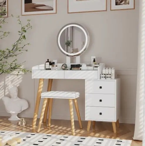 Dressing Table With LED Lights Glass Top 5 Drawers My Store