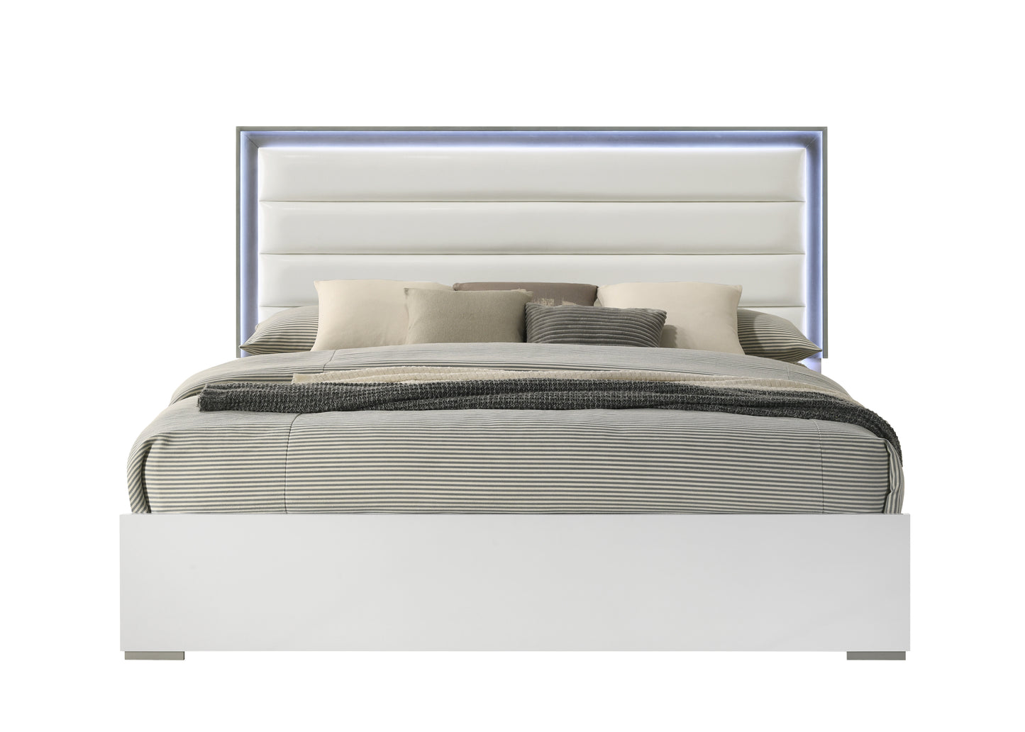 Contemporary 5-Pc King Bed Set with LED Headboard, Wood, White Finish - Ohberri