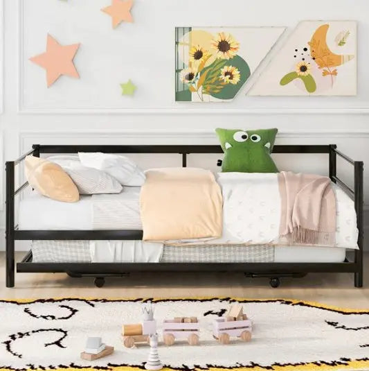 Double Metal Sofa Bed With Adjustable Wheels, Pop-up Wheels, Black My Store