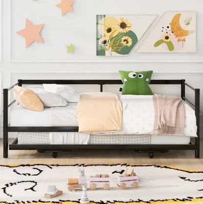 Double Metal Sofa Bed With Adjustable Wheels, Pop-up Wheels, Black My Store