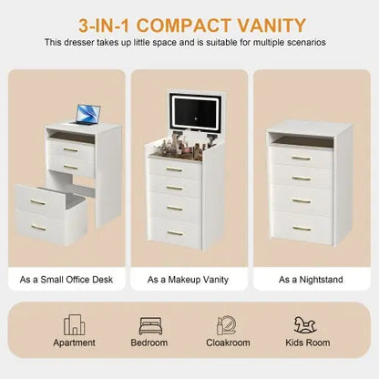 3 In 1 Vanity Desk With Open Top Mirror With Visible Glass Desktop And 3 Drawers My Store