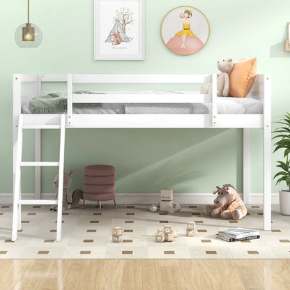 Twin Size Wood Low Loft Bed With Ladder, Ladder Can Be Placed On The Left Or Right, White My Store
