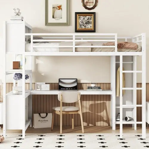 Metal Loft Bed With Wardrobe And L-shaped Desk, Full Size Loft Bed With Storage Cubes And Shelves My Store