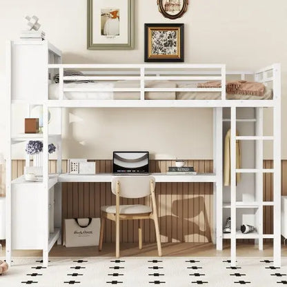 Metal Loft Bed With Wardrobe And L-shaped Desk, Full Size Loft Bed With Storage Cubes And Shelves My Store