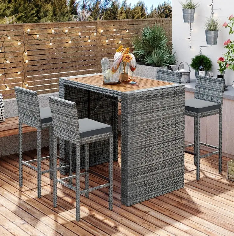 5-Piece Outdoor Patio Wicker Bar Set With Bar Height Chairs & Non-Slip Feet My Store
