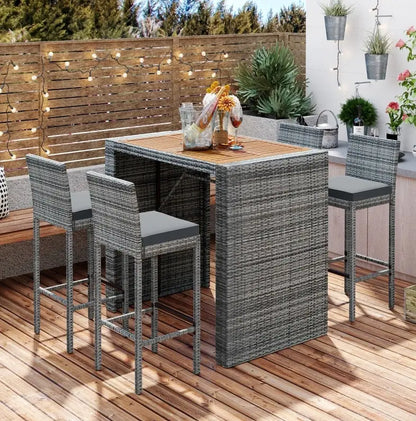 5-Piece Outdoor Patio Wicker Bar Set With Bar Height Chairs & Non-Slip Feet My Store