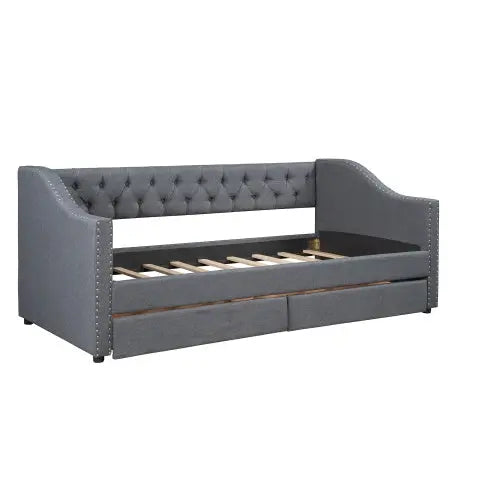 Upholstered Twin Size Daybed With Two Drawers, Wood Slat Support, Gray My Store