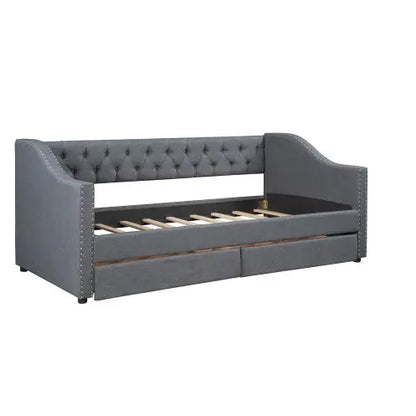 Upholstered Twin Size Daybed With Two Drawers, Wood Slat Support, Gray My Store