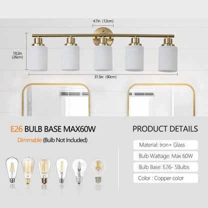 5 Lamps Gold Bathroom Vanity Lamp, Frosted Glass Shade, Modern Wall Mounted Lighting Inkedjoy