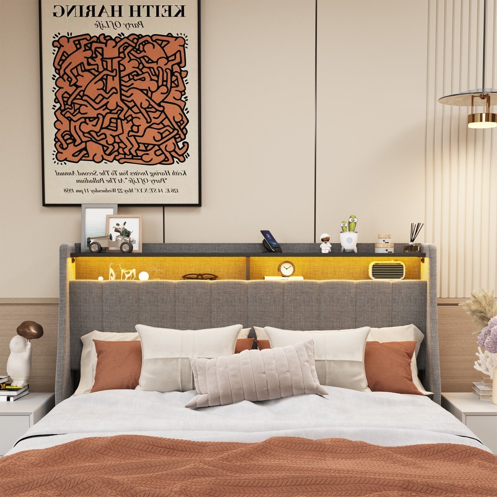Queen Size Bed Frame With LED, Storage Drawers, Wings Headboard My Store