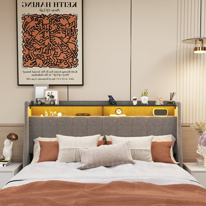 Queen Size Bed Frame With LED, Storage Drawers, Wings Headboard My Store