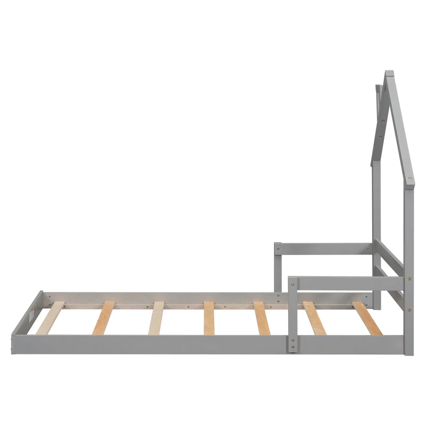 Twin House-Shaped Headboard Floor Bed With Handrails ,slats,Grey My Store