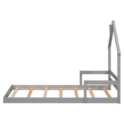 Twin House-Shaped Headboard Floor Bed With Handrails ,slats,Grey My Store