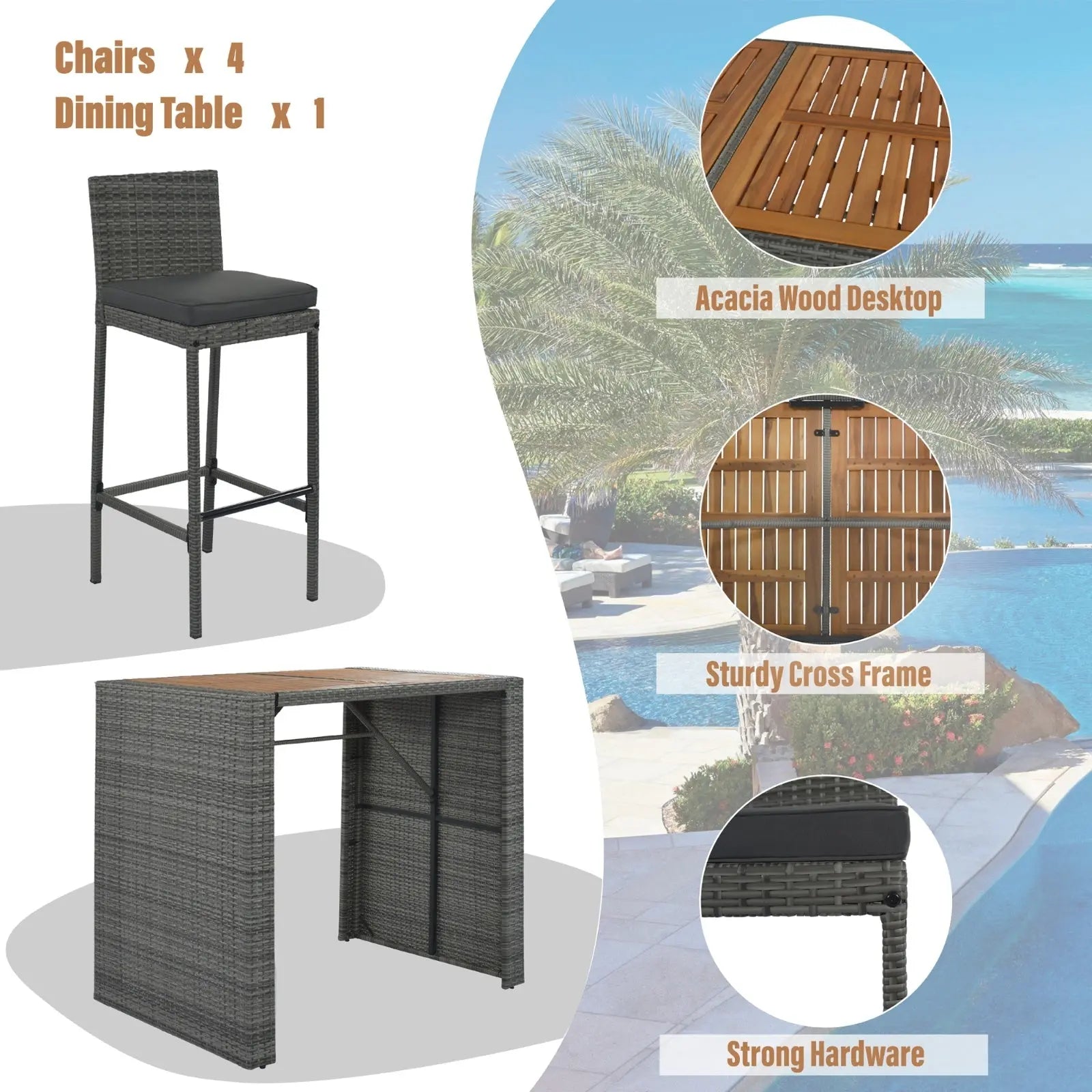 5-Piece Outdoor Patio Wicker Bar Set With Bar Height Chairs & Non-Slip Feet My Store